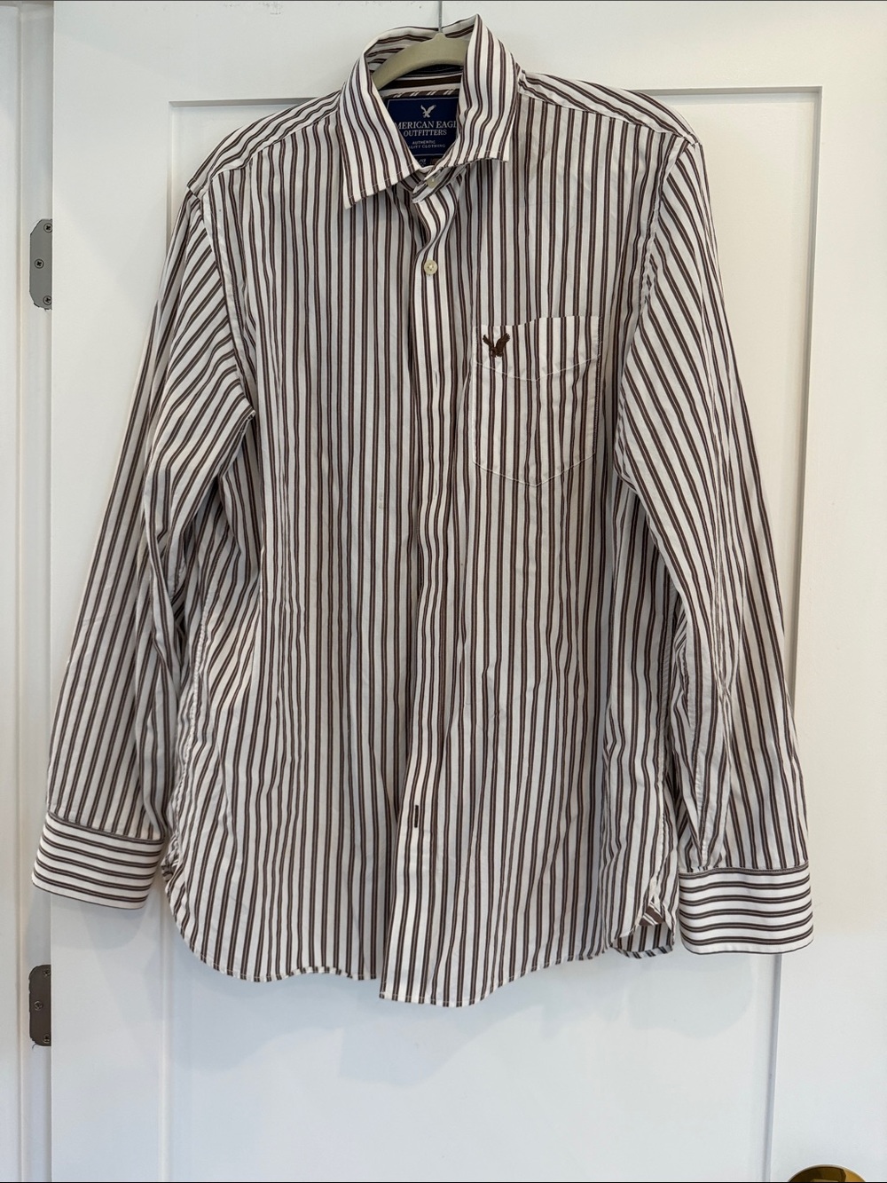American Eagle Outfitters White & Brown Striped Button-Down Shirt